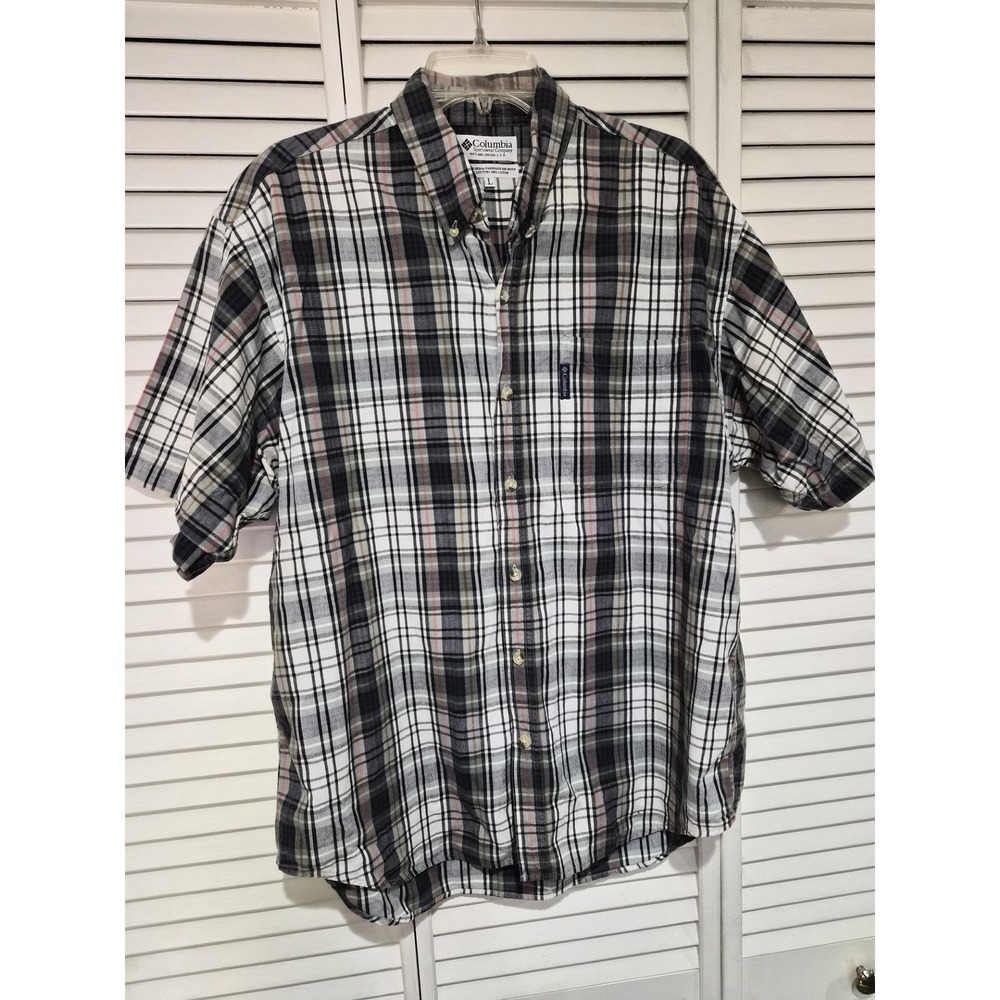 Columbia Sportswear Mens Large Black White Plaid Short Sleeve Button Down Shirt